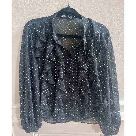 Low Price! Zara Black Polka Dot Ruffle Blouse – Size M - Picture 1 of 4